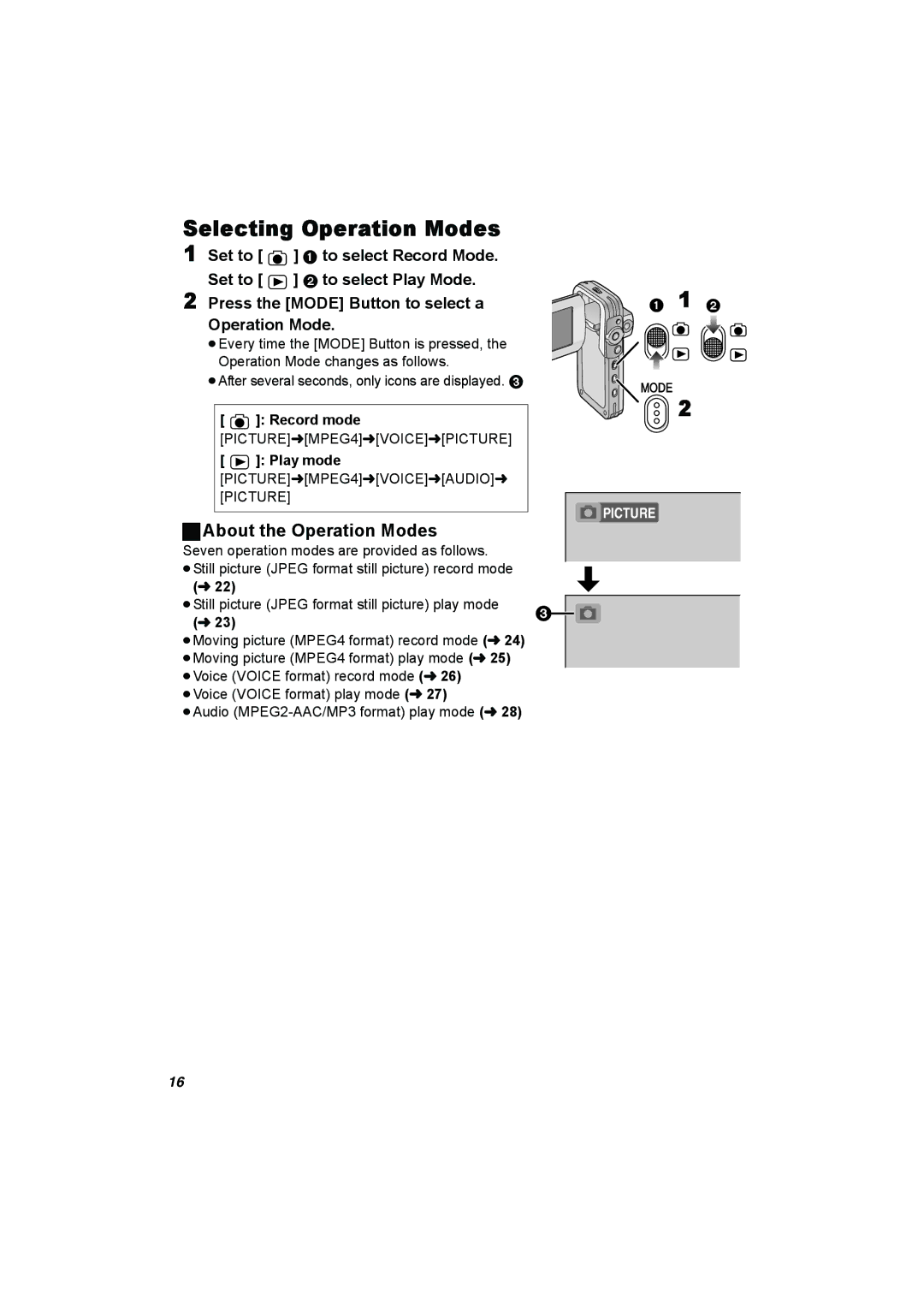 Panasonic SV-AV50 operating instructions Selecting Operation Modes, About the Operation Modes, Record mode, Play mode 