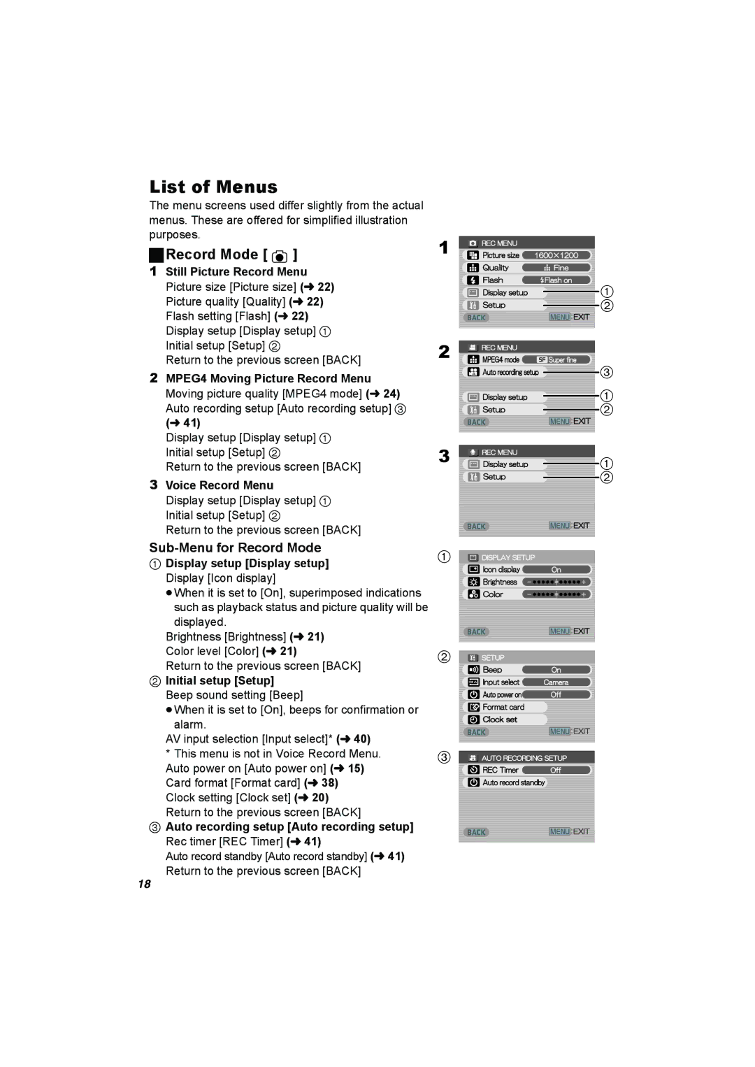 Panasonic SV-AV50 operating instructions List of Menus, Sub-Menu for Record Mode 