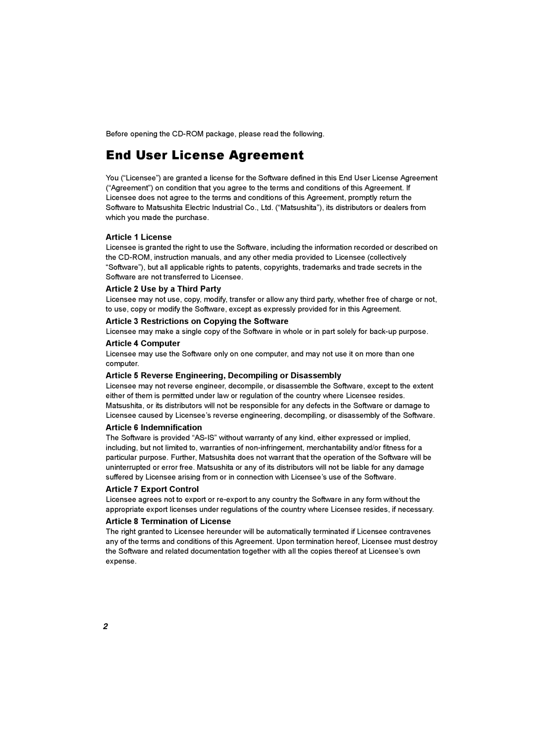 Panasonic SV-AV50 operating instructions End User License Agreement 