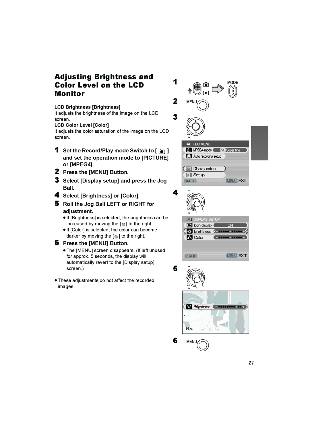 Panasonic SV-AV50 operating instructions Adjusting Brightness Color Level on the LCD Monitor, LCD Brightness Brightness 