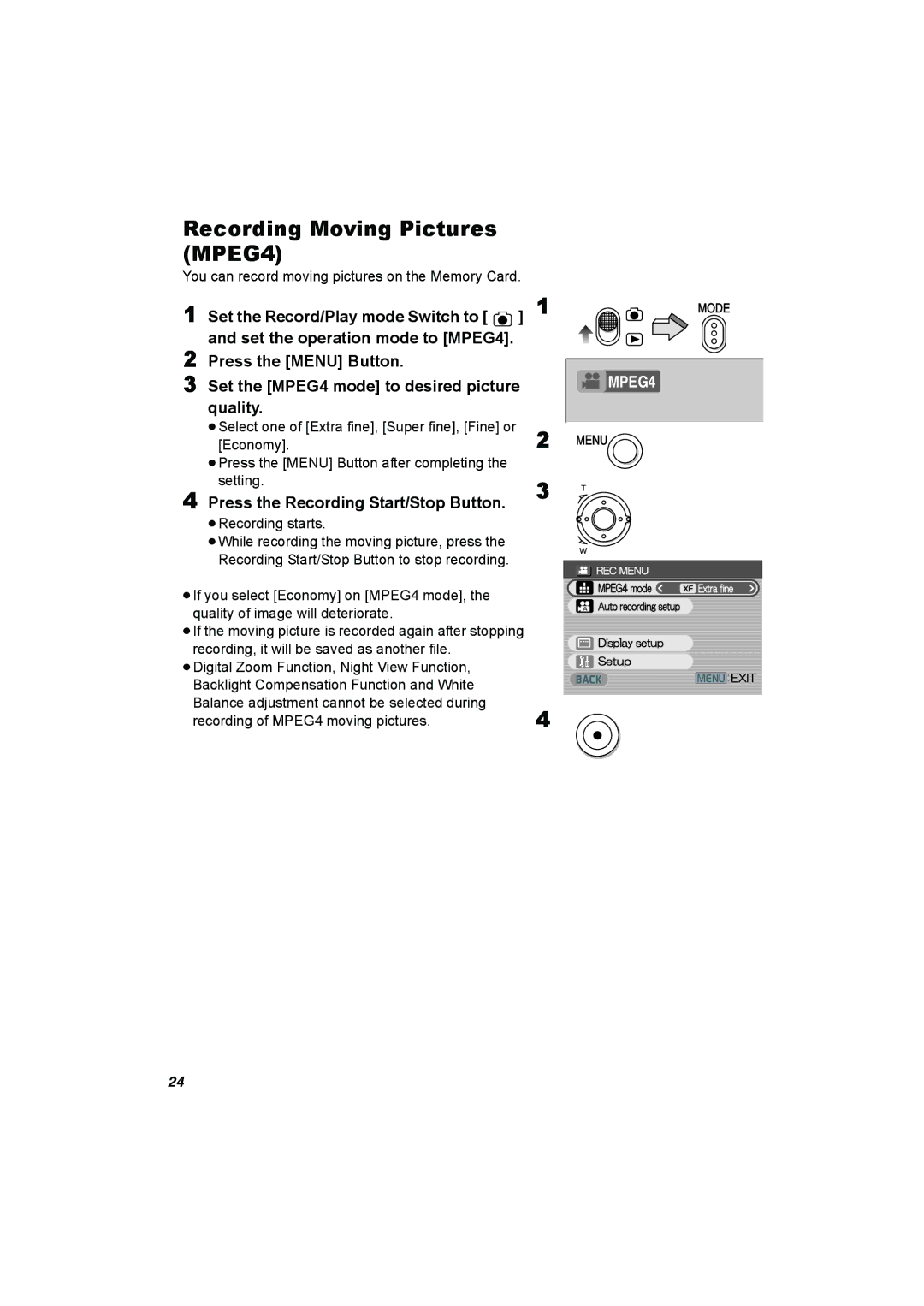 Panasonic SV-AV50 operating instructions Recording Moving Pictures MPEG4, You can record moving pictures on the Memory Card 