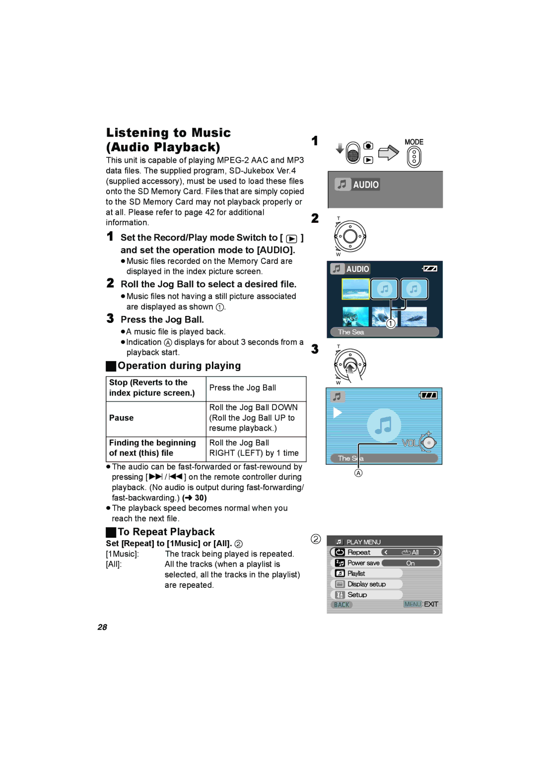 Panasonic SV-AV50 operating instructions Listening to Music Audio Playback, Operation during playing, ªTo Repeat Playback 