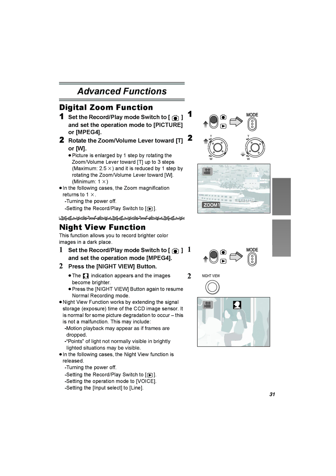 Panasonic SV-AV50 operating instructions Digital Zoom Function, Night View Function 