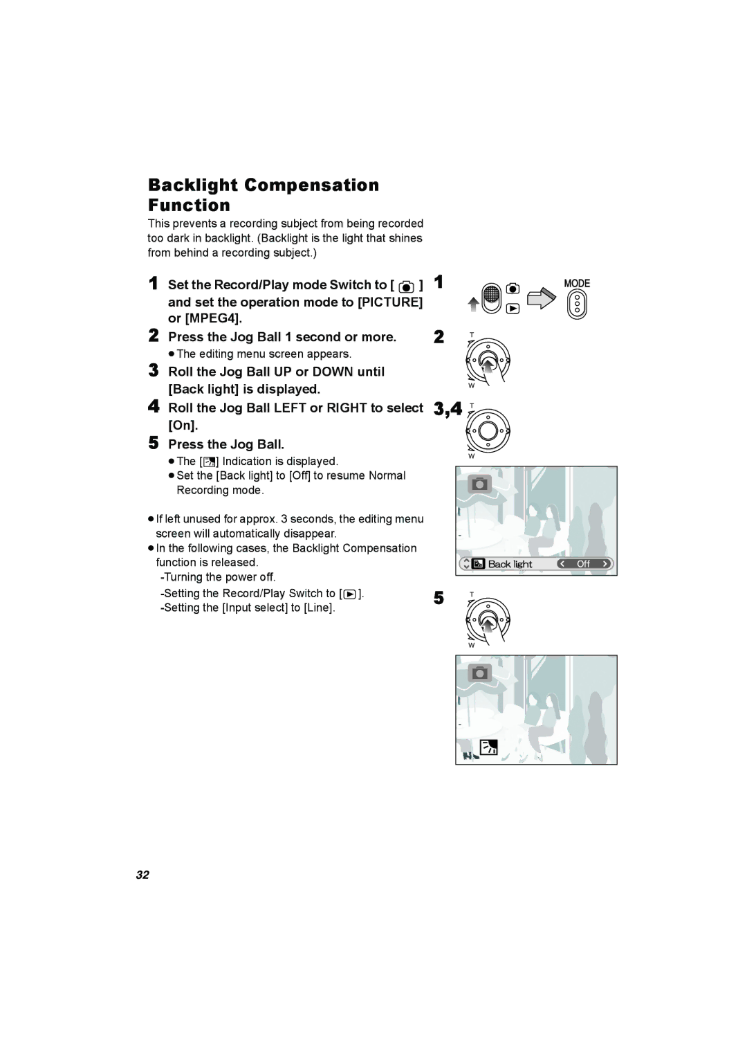 Panasonic SV-AV50 operating instructions Backlight Compensation Function, ≥The editing menu screen appears 