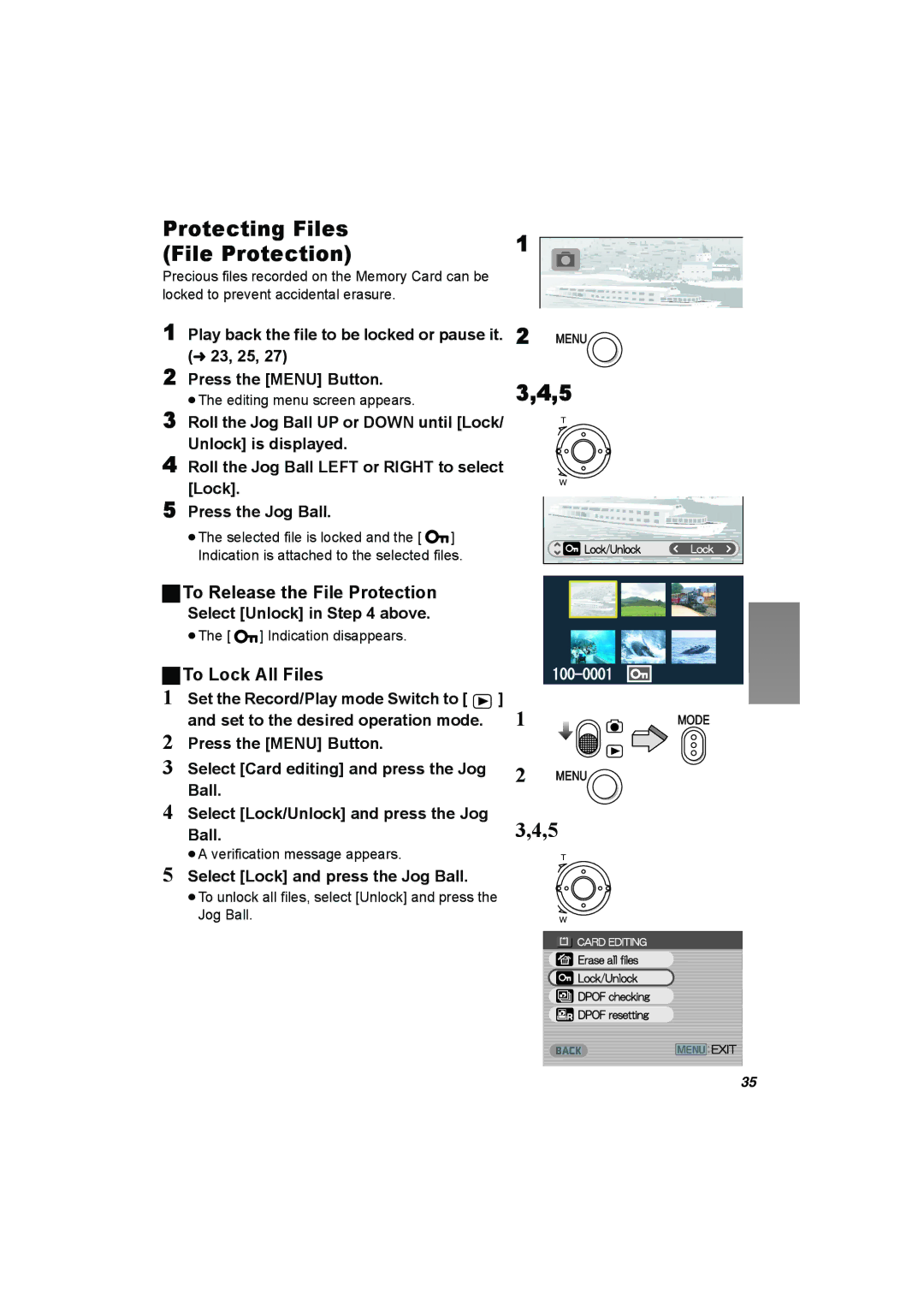 Panasonic SV-AV50 Protecting Files File Protection, To Release the File Protection, To Lock All Files 