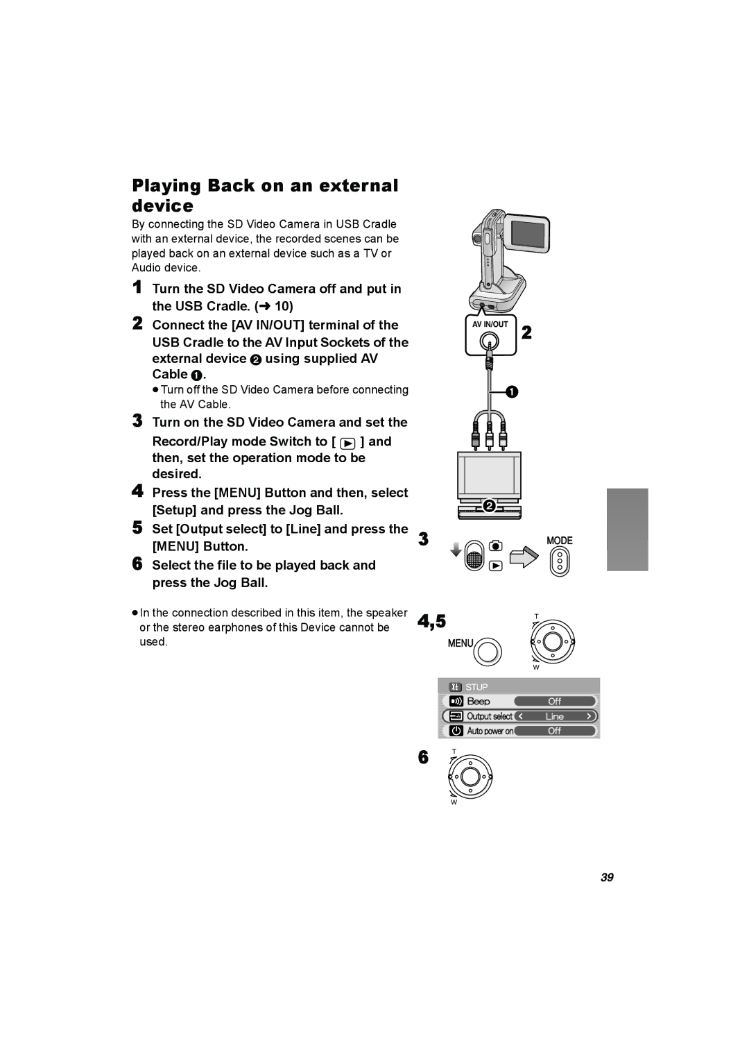 Panasonic SV-AV50 Playing Back on an external device, Menu Button, Select the file to be played back Press the Jog Ball 