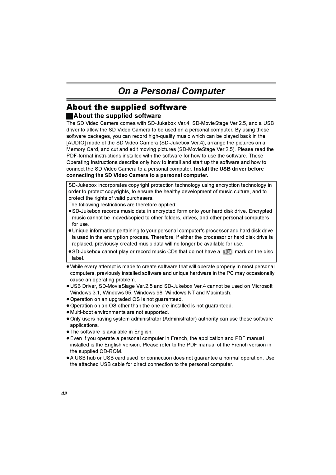 Panasonic SV-AV50 operating instructions About the supplied software 