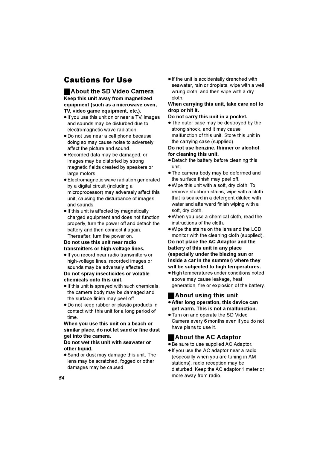 Panasonic SV-AV50 operating instructions About the SD Video Camera, About using this unit, About the AC Adaptor 