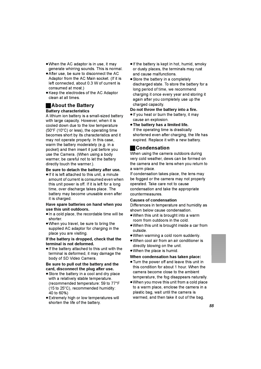 Panasonic SV-AV50 operating instructions About the Battery, Condensation 