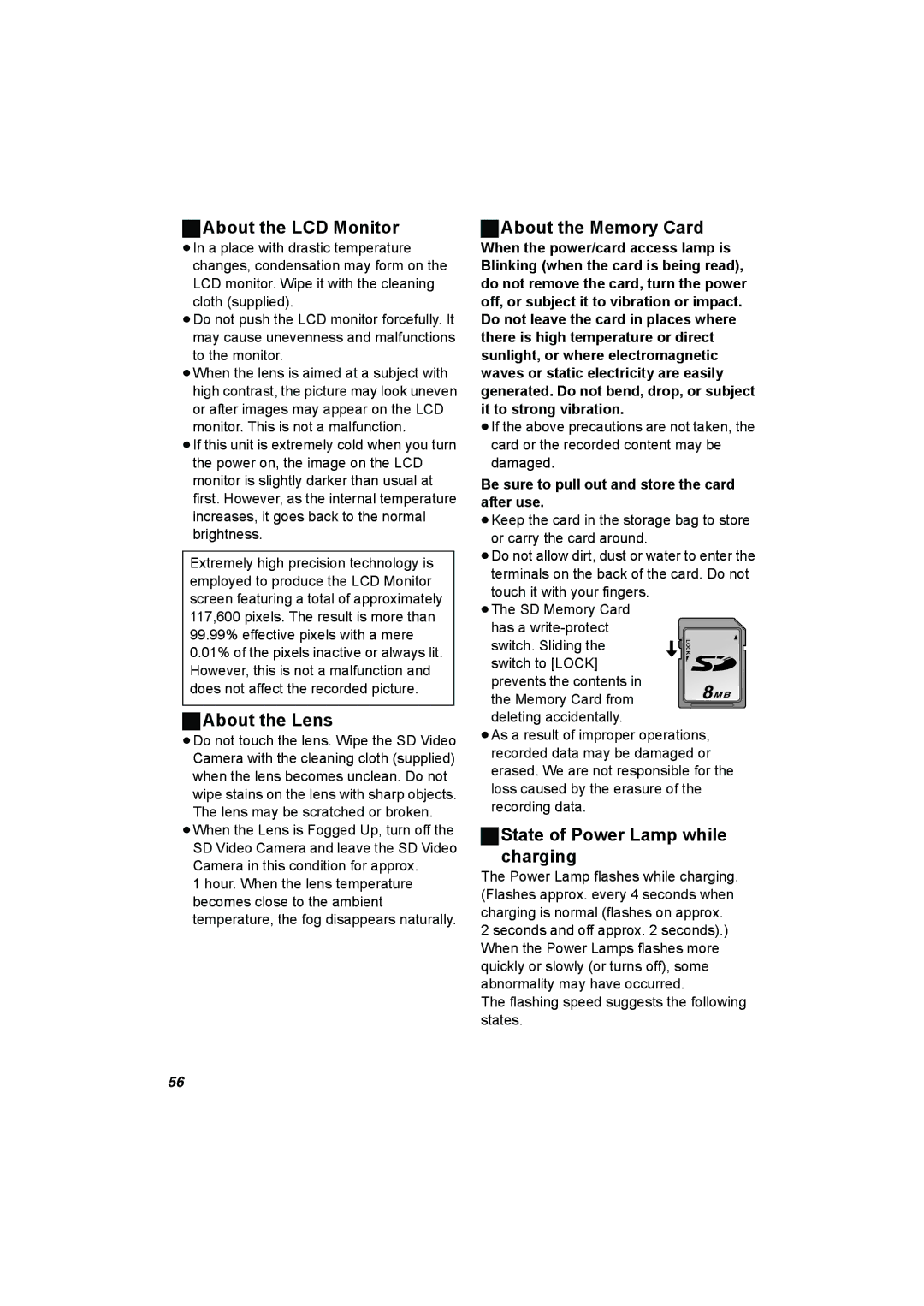 Panasonic SV-AV50 About the LCD Monitor, About the Lens, About the Memory Card, State of Power Lamp while Charging 