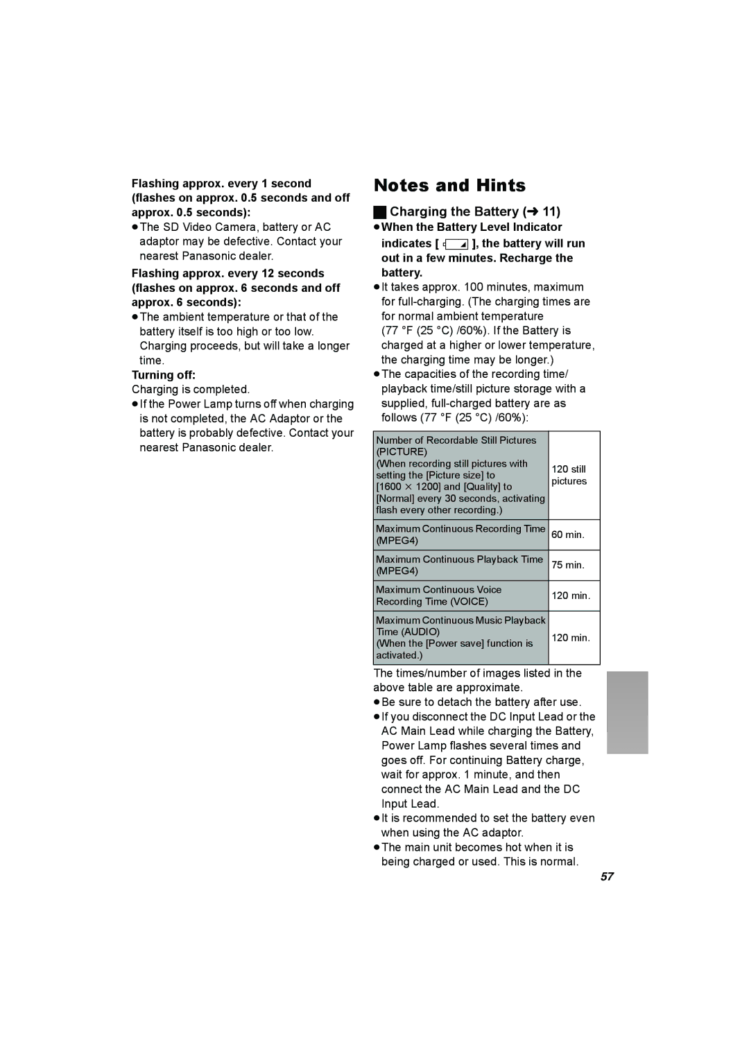 Panasonic SV-AV50 operating instructions Charging the Battery l, Turning off, Charging is completed 