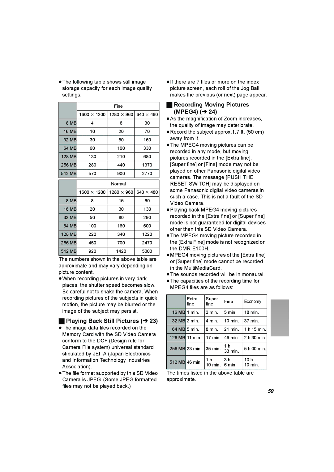 Panasonic SV-AV50 operating instructions Playing Back Still Pictures l, Recording Moving Pictures MPEG4 l 