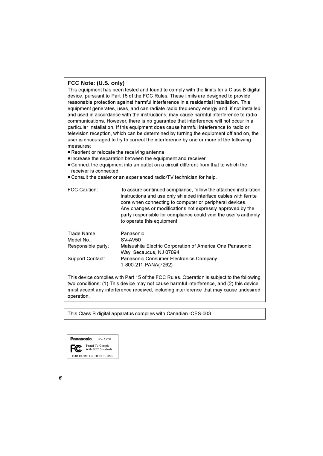 Panasonic SV-AV50 FCC Note U.S. only, Core when connecting to computer or peripheral devices, To operate this equipment 