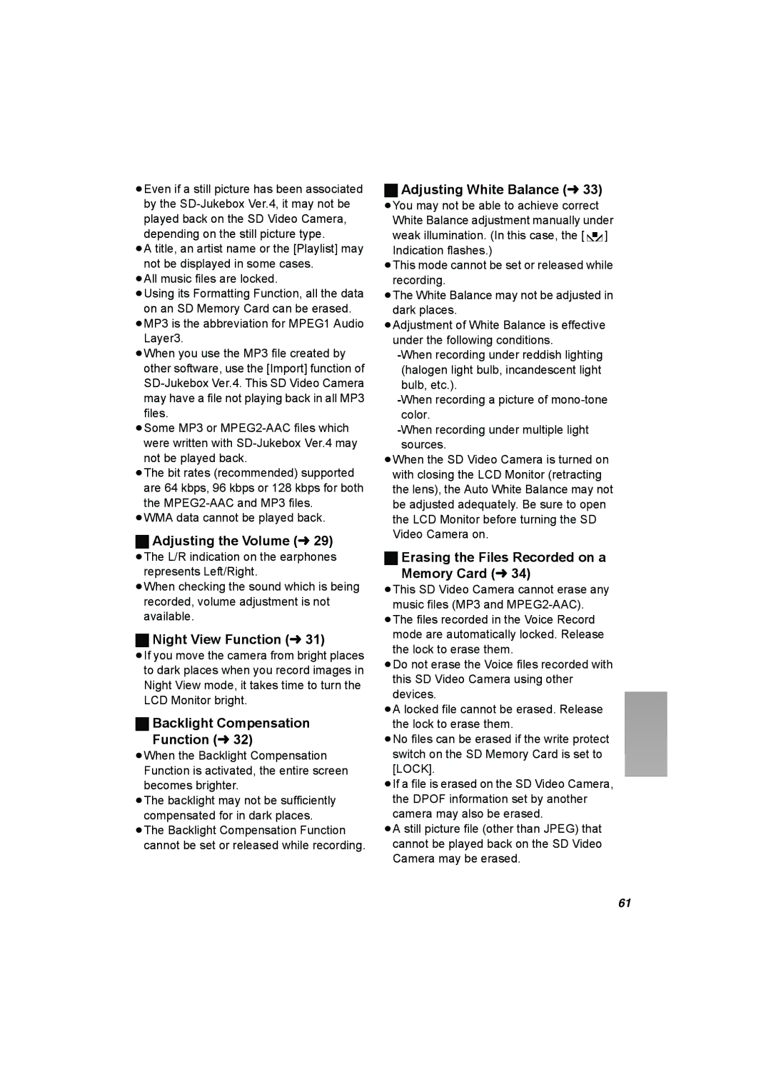 Panasonic SV-AV50 operating instructions Adjusting the Volume l, Night View Function l, Backlight Compensation Function l 