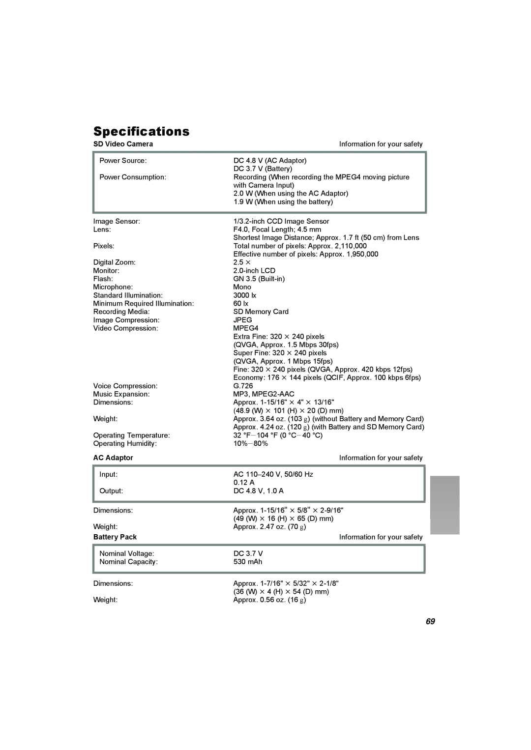 Panasonic SV-AV50 operating instructions Specifications, SD Video Camera 