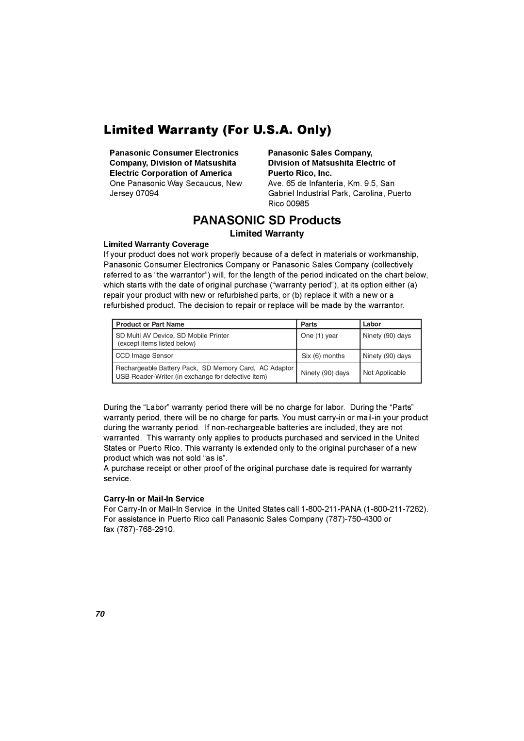 Panasonic SV-AV50 Limited Warranty For U.S.A. Only, Panasonic SD Products, Limited Warranty Coverage, Fax 