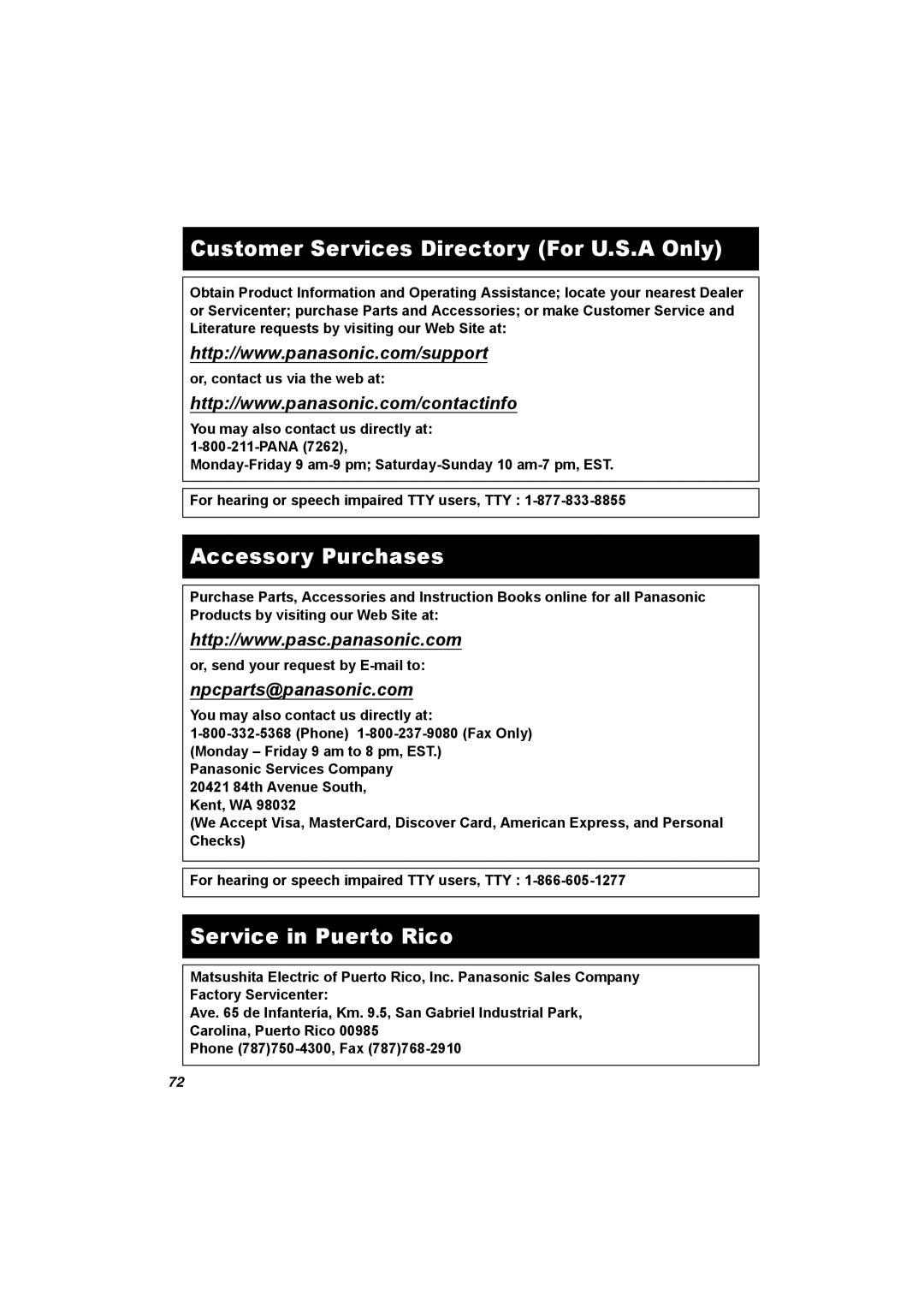 Panasonic SV-AV50 operating instructions Customer Services Directory For U.S.A Only 