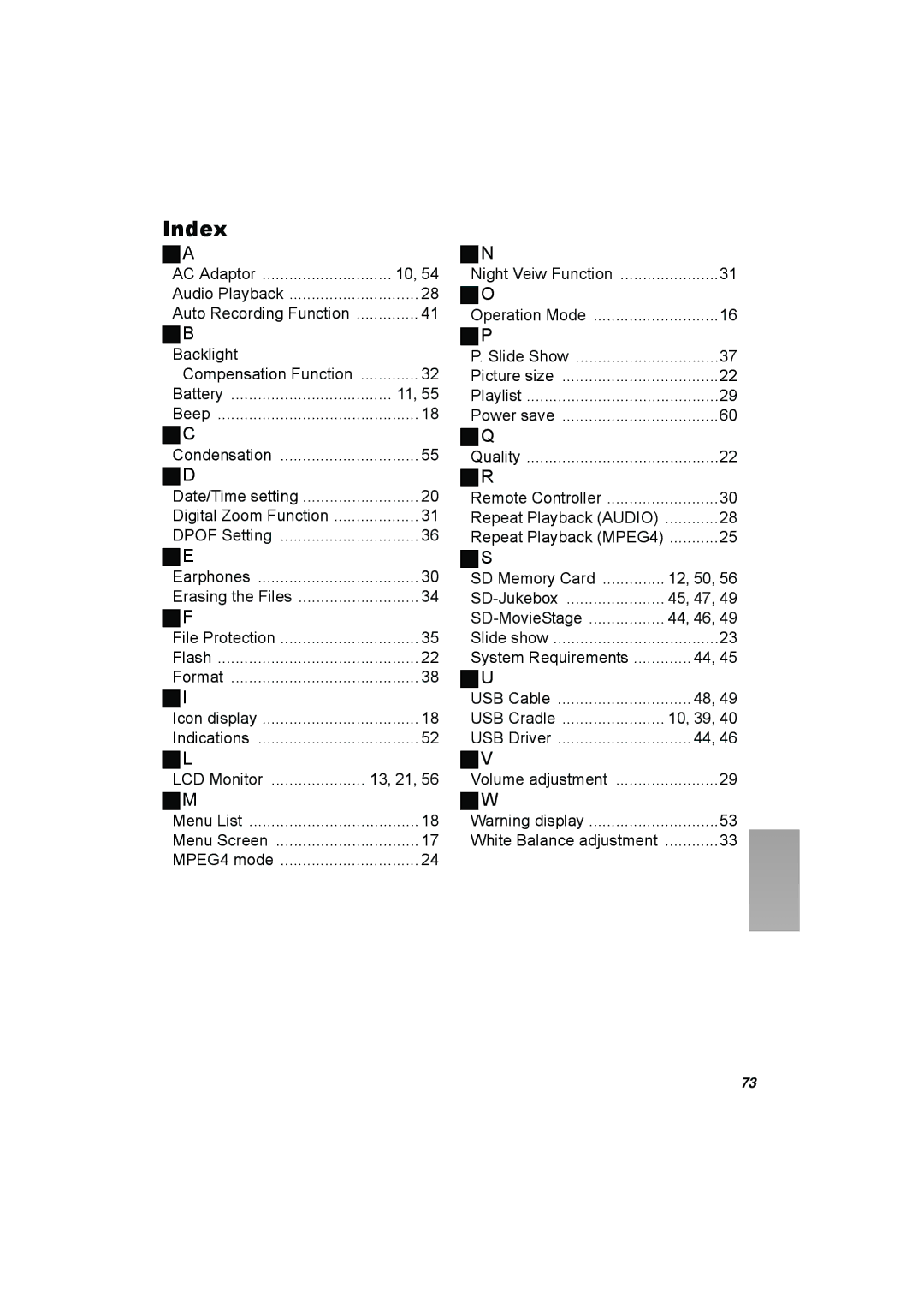 Panasonic SV-AV50 operating instructions Index 