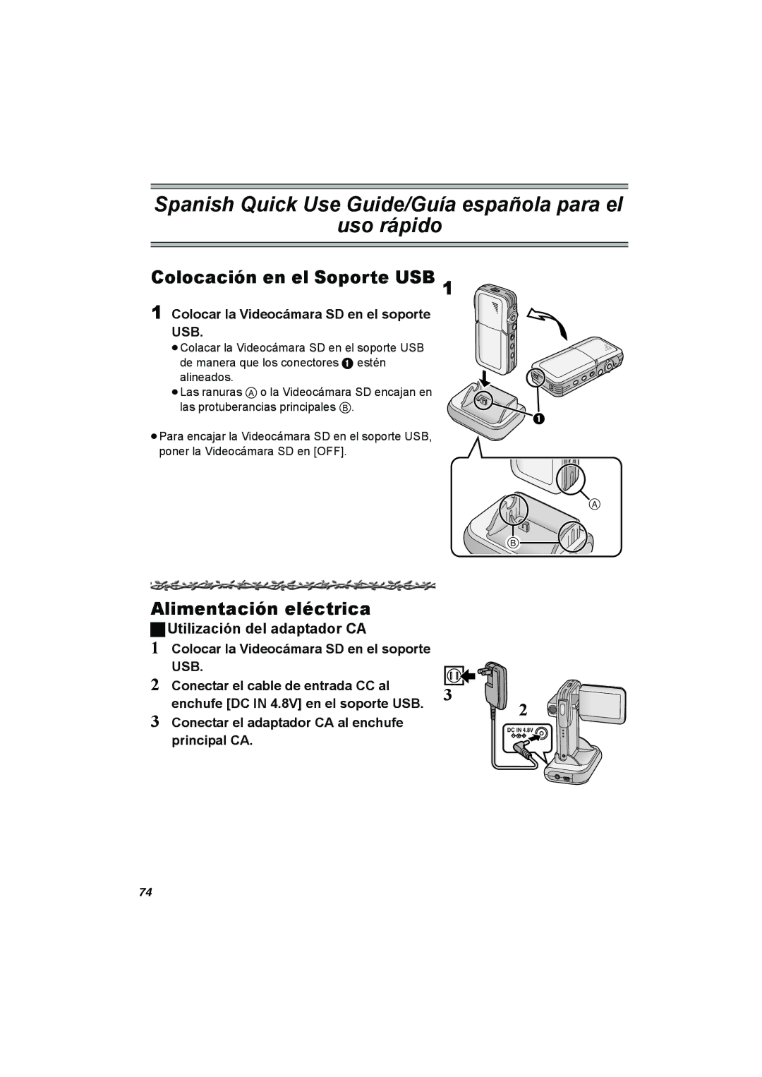 Panasonic SV-AV50 operating instructions Colocación en el Soporte USB, Alimentación eléctrica, Utilización del adaptador CA 