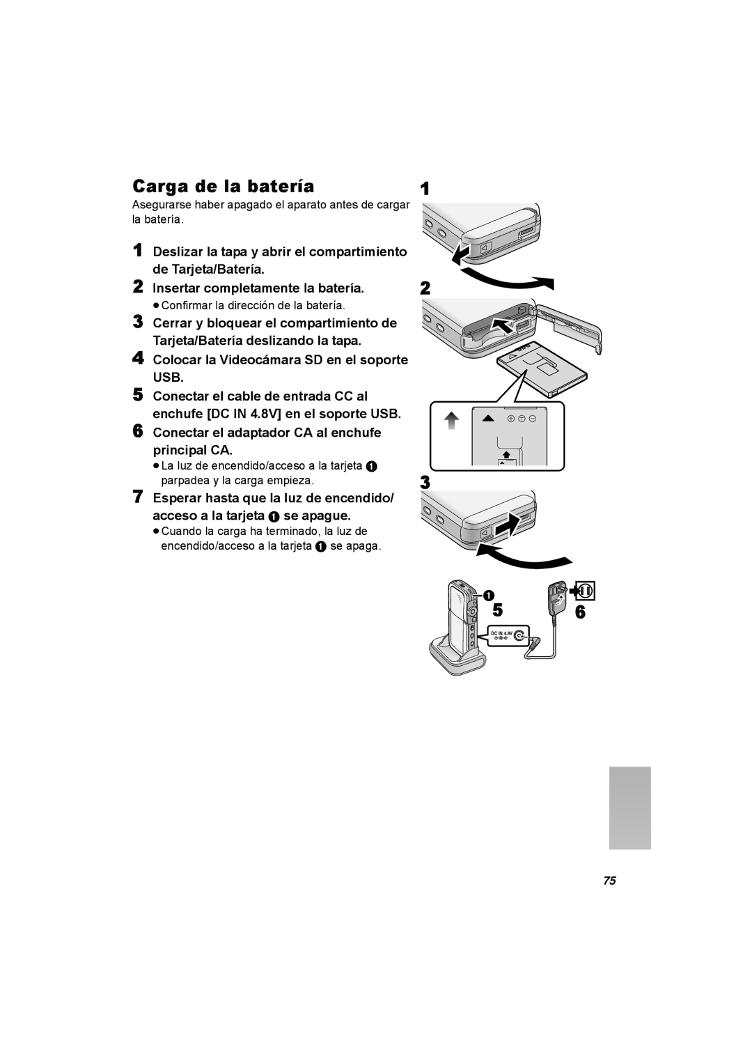 Panasonic SV-AV50 operating instructions Carga de la batería, ≥Confirmar la dirección de la batería 