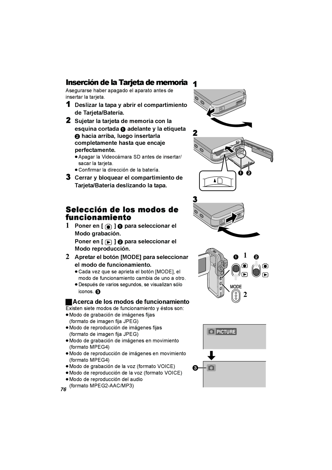 Panasonic SV-AV50 operating instructions Inserción de la Tarjeta de memoria, Selección de los modos de funcionamiento 