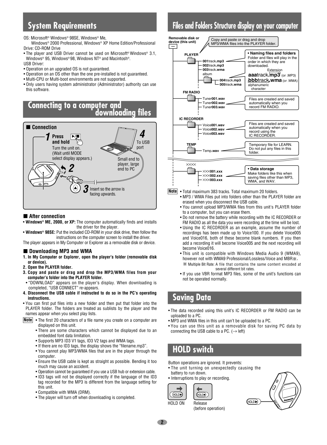 Panasonic SV-MP100V System Requirements, Saving Data, Hold switch, Connecting to a computer and downloading files 