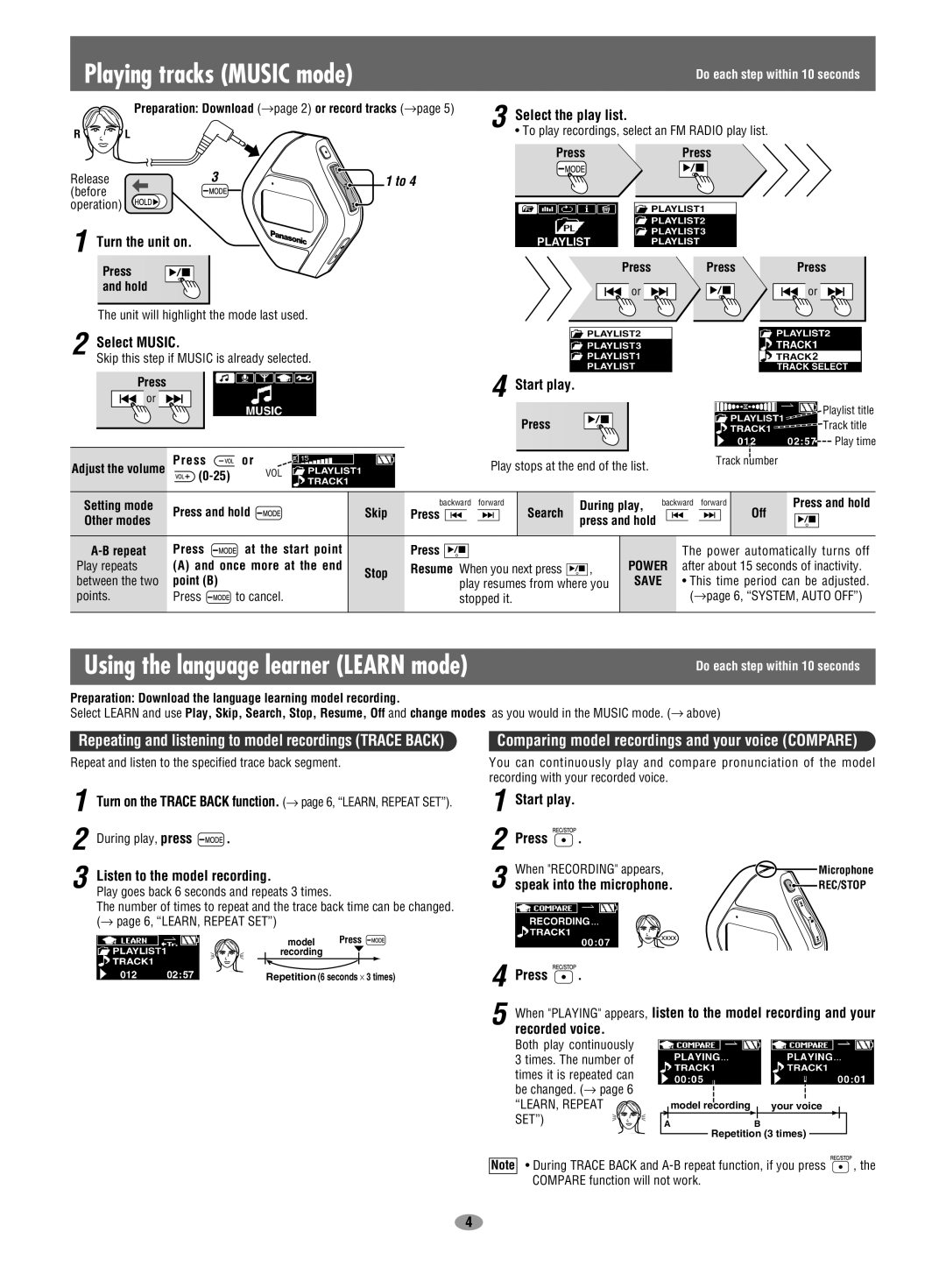 Panasonic SV-MP100V operating instructions Using the language learner Learn mode 