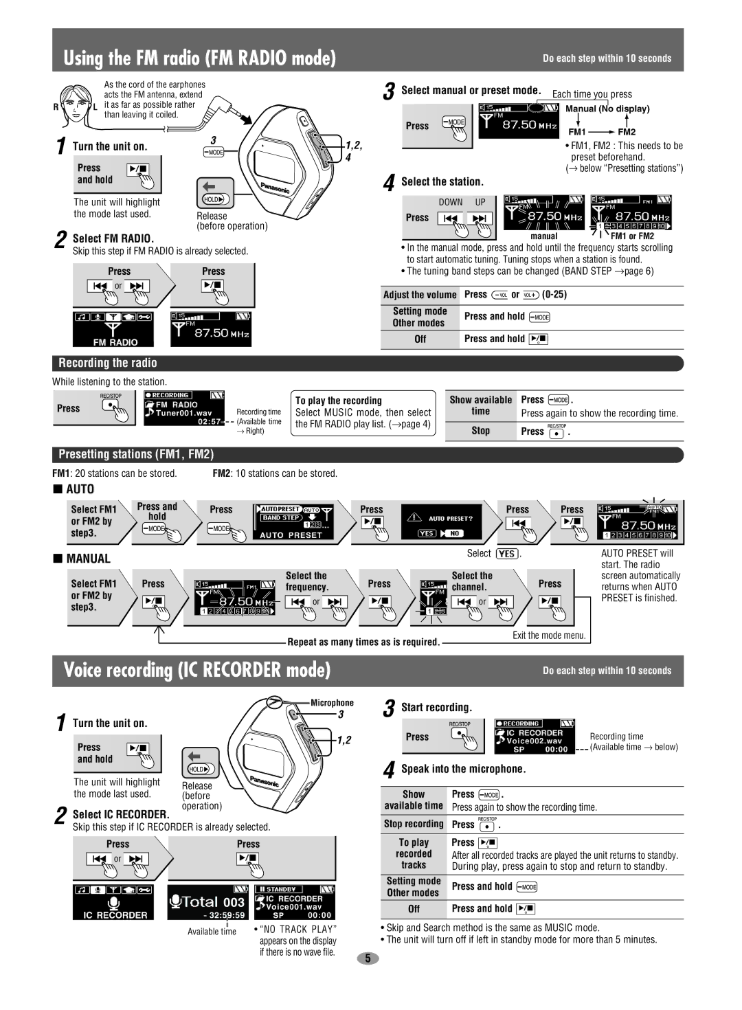 Panasonic SV-MP100V operating instructions Using the FM radio FM Radio mode, Voice recording IC Recorder mode, Auto, Manual 