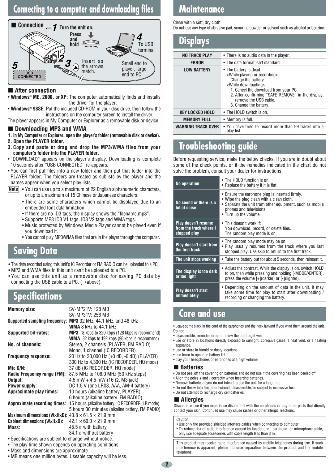 Panasonic SV-MP21V, SV-MP31V Saving Data, Specifications, Maintenance, Displays, Troubleshooting guide, Care and use 