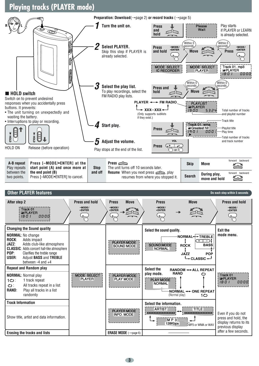 Panasonic SV-MP31V, SV-MP21V operating instructions Playing tracks Player mode, Hold switch, Other Player features 