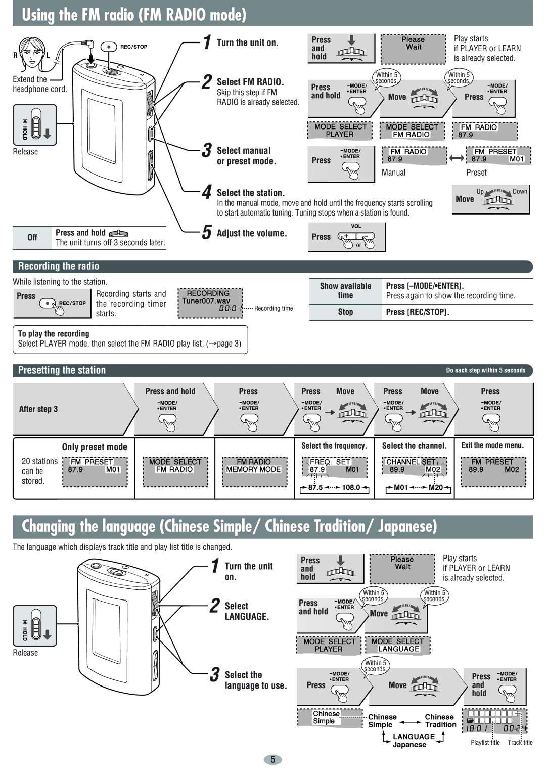 Panasonic SV-MP31V, SV-MP21V Using the FM radio FM Radio mode, Recording the radio, Presetting the station 