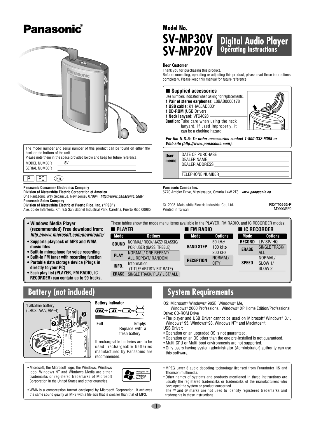 Panasonic SV-MP30V operating instructions Battery not included System Requirements, Supplied accessories, Music files 