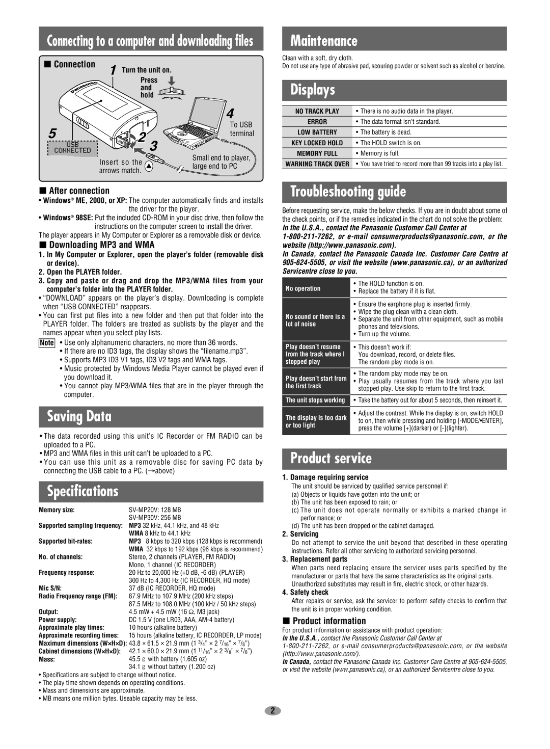 Panasonic SV-MP30V Saving Data, Specifications, Maintenance, Displays, Troubleshooting guide, Product service 