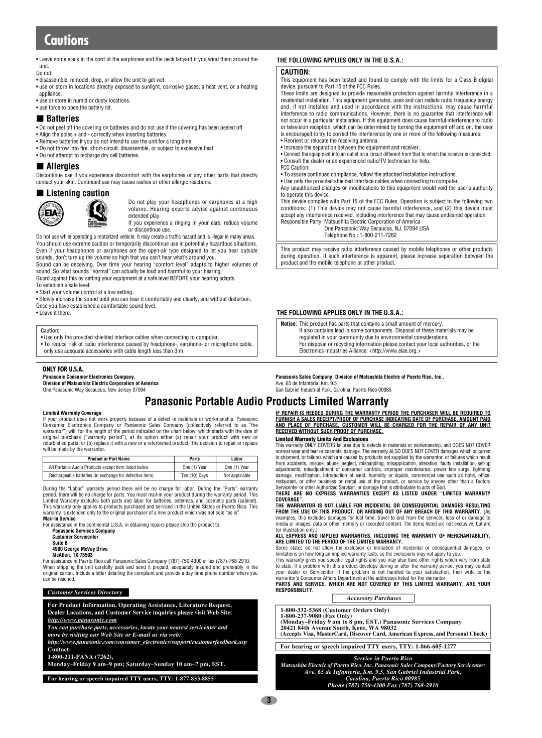 Panasonic SV-MP30V operating instructions Following Applies only in the U.S.A, Appliance 