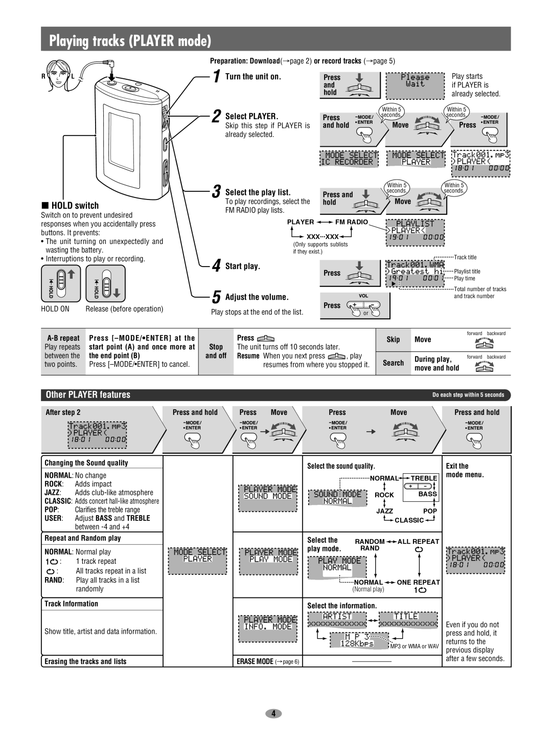 Panasonic SV-MP30V operating instructions Playing tracks Player mode, Hold switch, Other Player features 