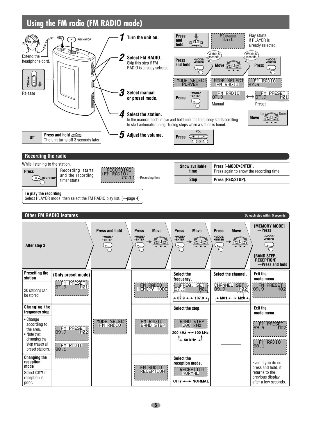 Panasonic SV-MP30V Recording the radio, Other FM Radio features, Select manual, Or preset mode, Select the station 