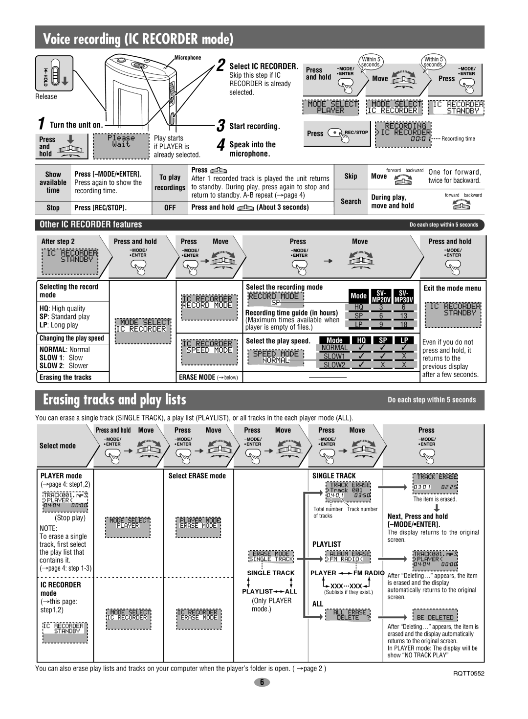 Panasonic SV-MP30V Voice recording IC Recorder mode, Erasing tracks and play lists, Other IC Recorder features 