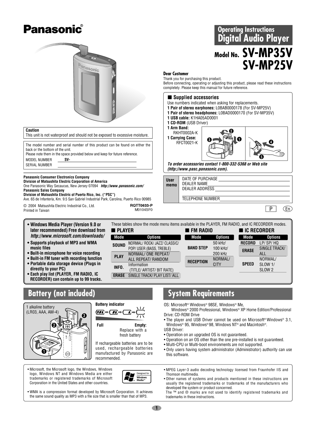 Panasonic SV-MP25V operating instructions Battery not included System Requirements, Supplied accessories, Music files 