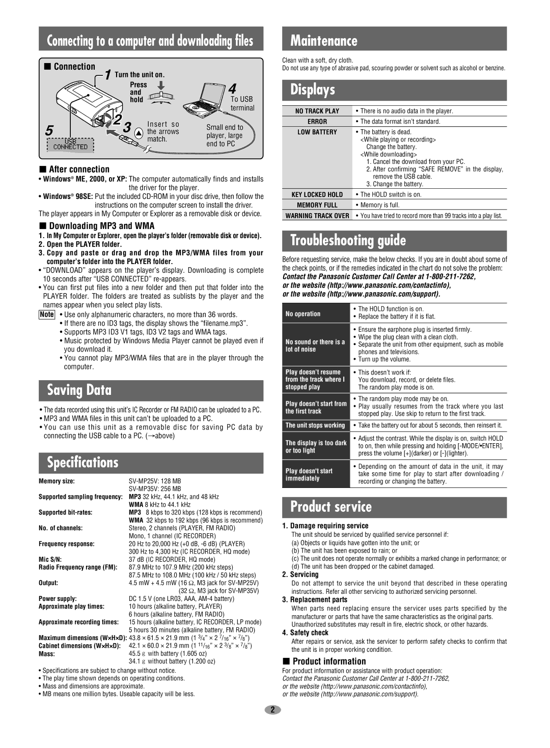 Panasonic SV-MP35V, SV-MP25V Saving Data, Specifications, Maintenance, Displays, Troubleshooting guide, Product service 