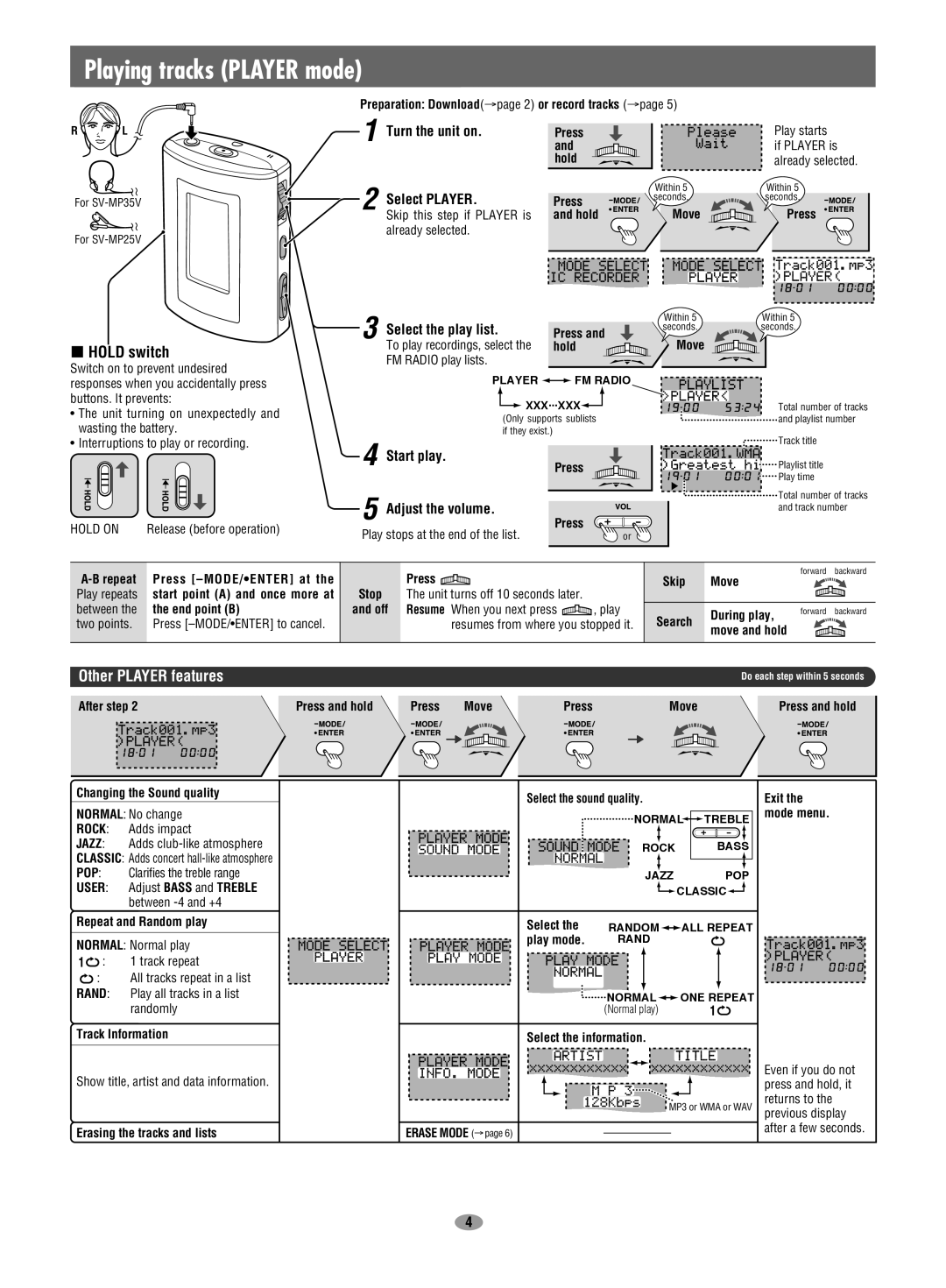 Panasonic SV-MP35V, SV-MP25V operating instructions Playing tracks Player mode, Hold switch, Other Player features 