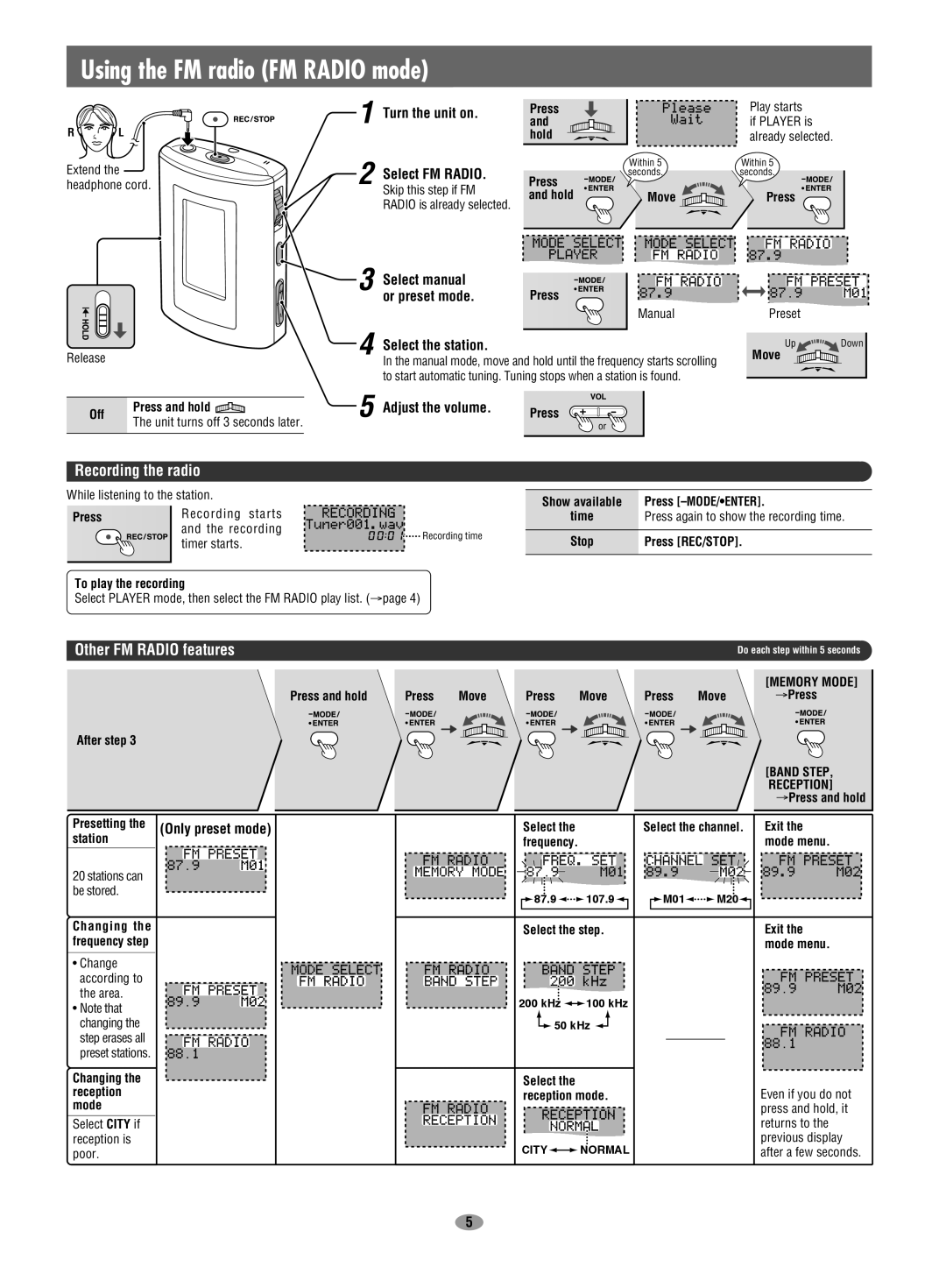 Panasonic SV-MP25V Recording the radio, Other FM Radio features, Select manual, Or preset mode, Select the station 