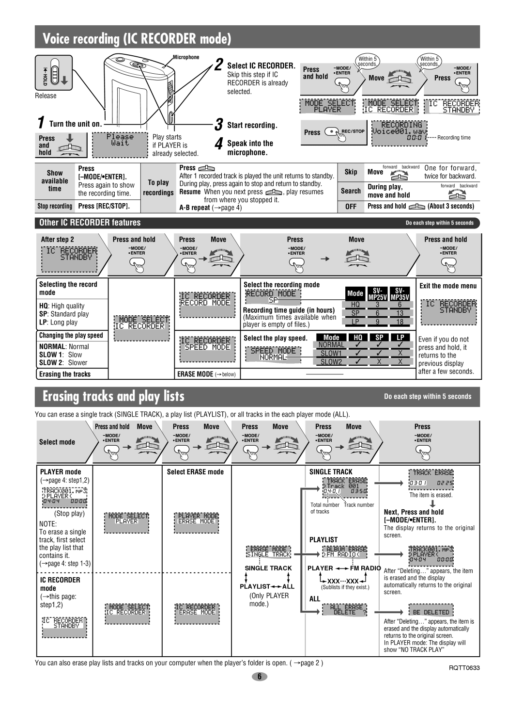 Panasonic SV-MP35V, SV-MP25V Voice recording IC Recorder mode, Erasing tracks and play lists, Other IC Recorder features 