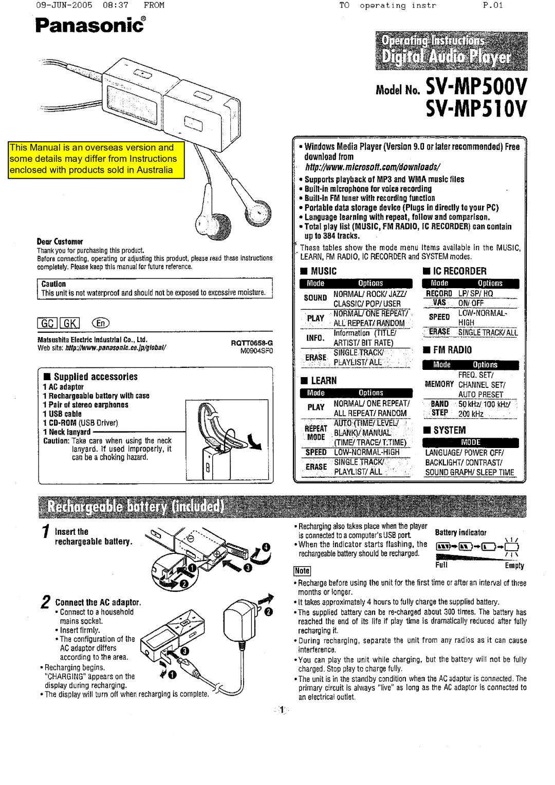 Panasonic SV-MP500 manual 