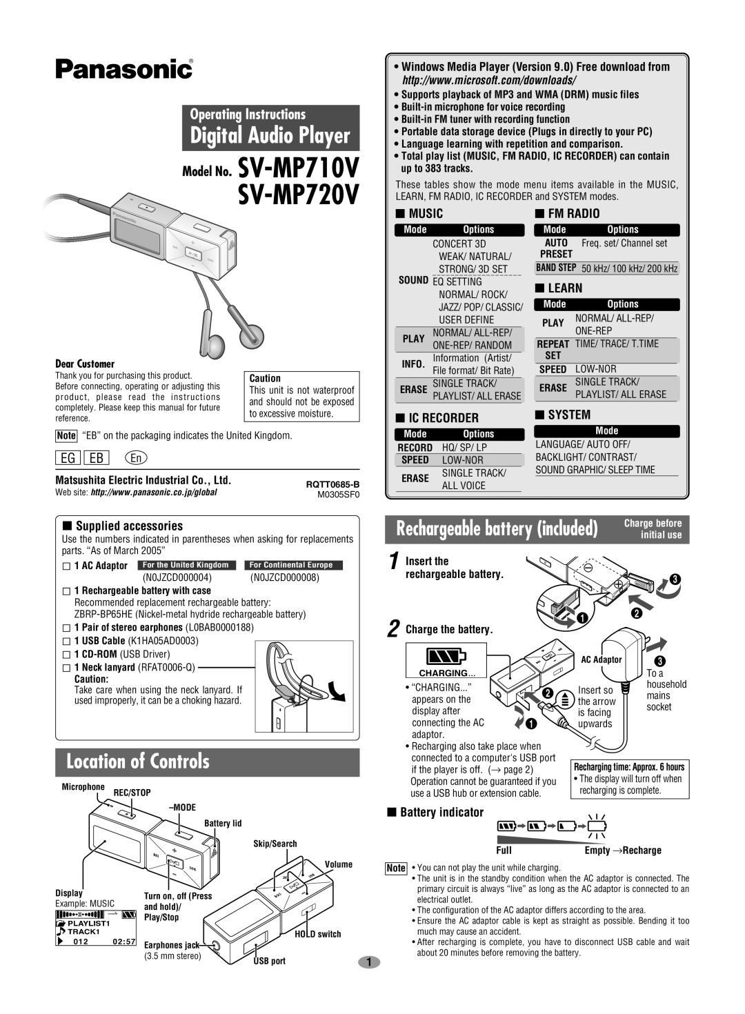 Panasonic SV-MP710SV operating instructions Location of Controls, Operating Instructions, Rechargeable battery included 