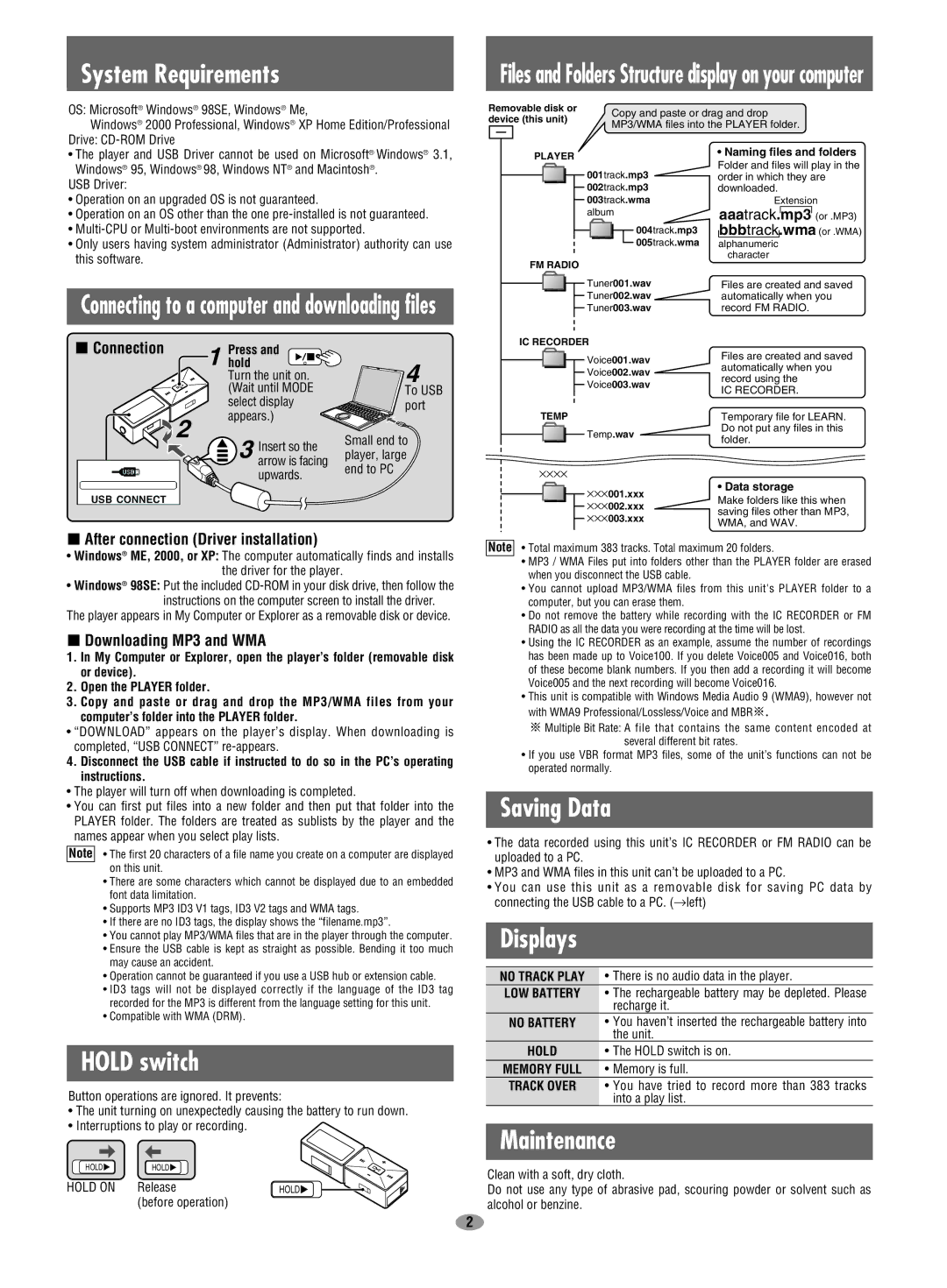 Panasonic SV-MP710SV operating instructions System Requirements, Hold switch, Saving Data, Displays, Maintenance 