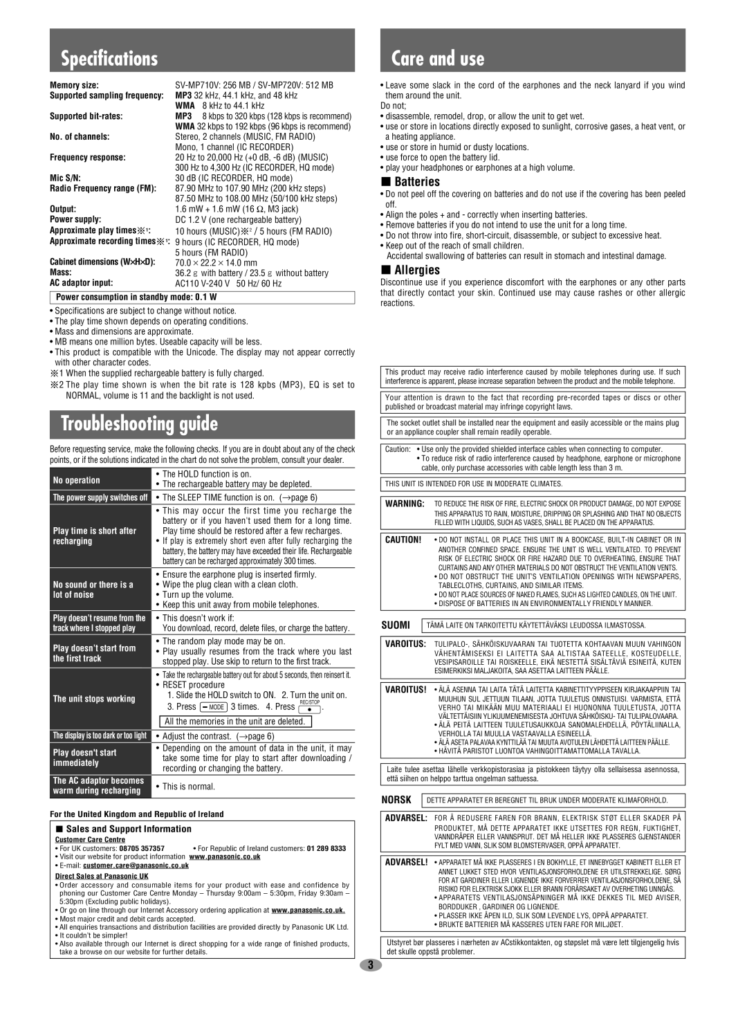 Panasonic SV-MP710SV operating instructions Specifications, Troubleshooting guide, Care and use, Batteries, Allergies 