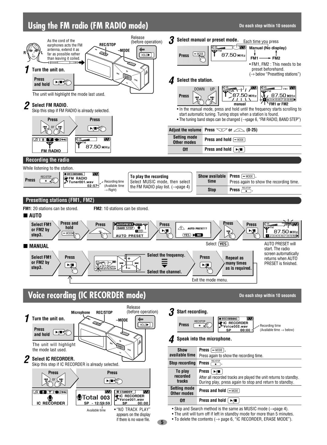 Panasonic SV-MP710SV operating instructions Using the FM radio FM Radio mode, Auto, Manual 