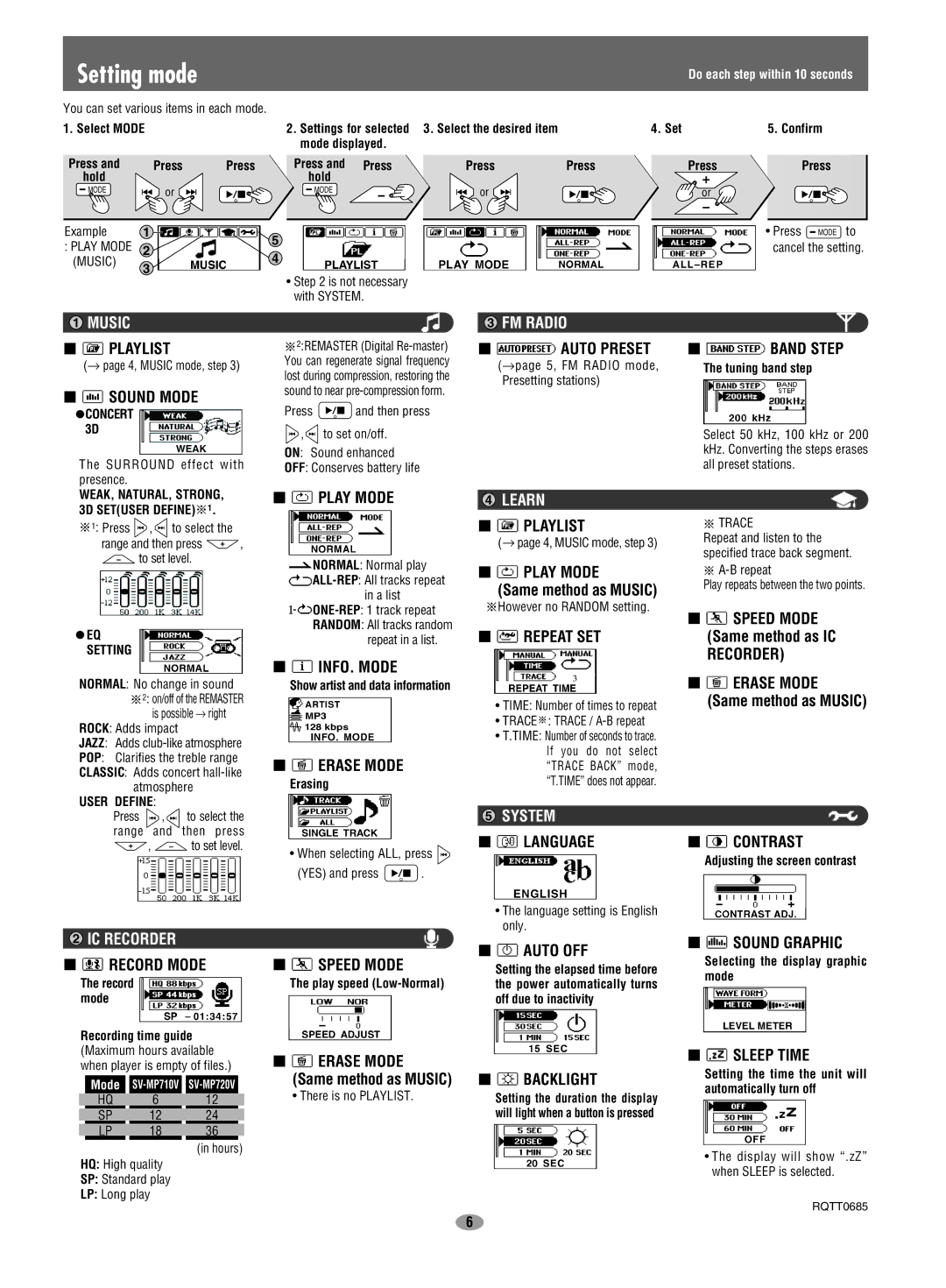 Panasonic SV-MP710SV operating instructions Setting mode 