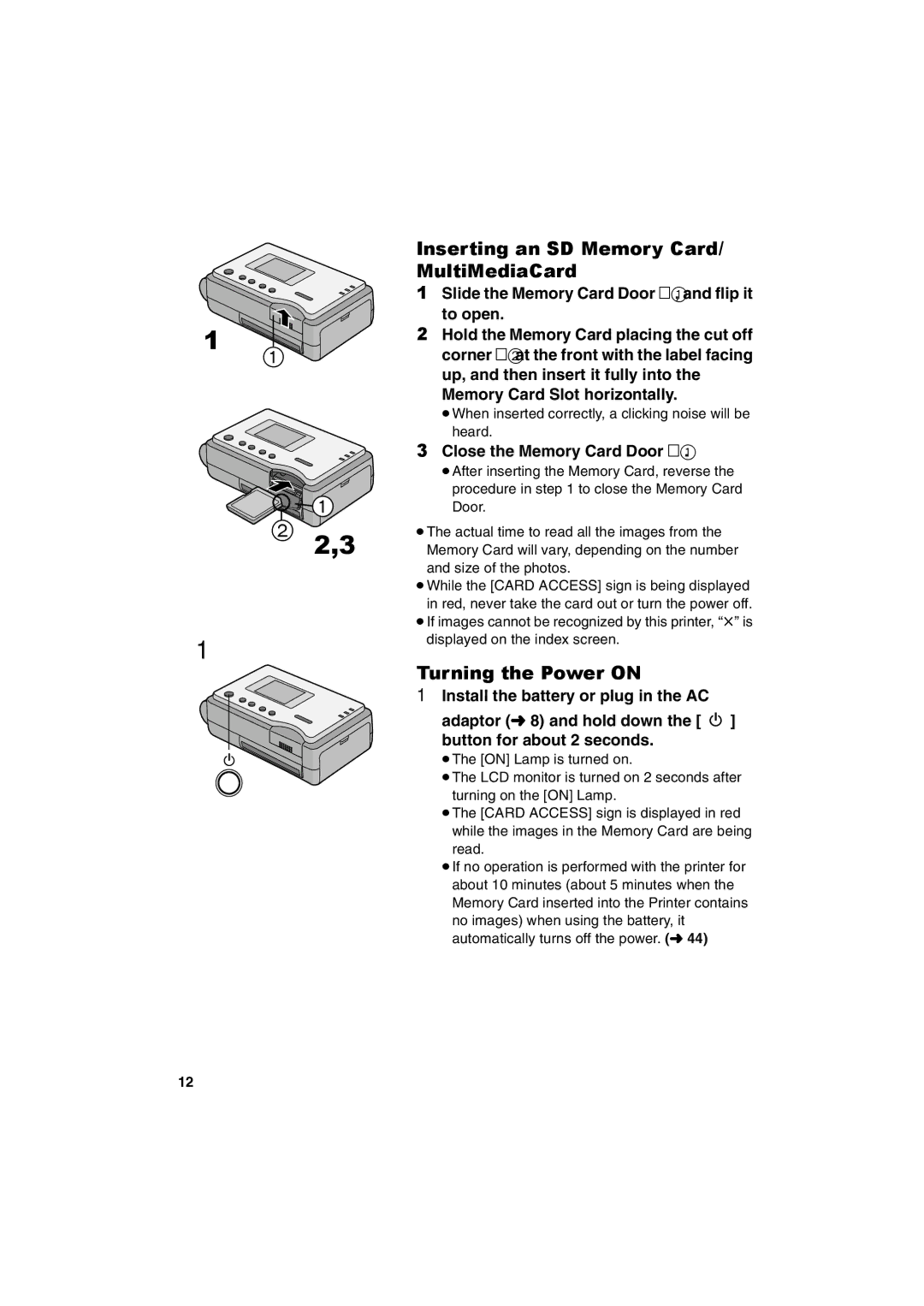 Panasonic SV-P20U manual Inserting an SD Memory Card/ MultiMediaCard, Turning the Power on, Close the Memory Card Door 