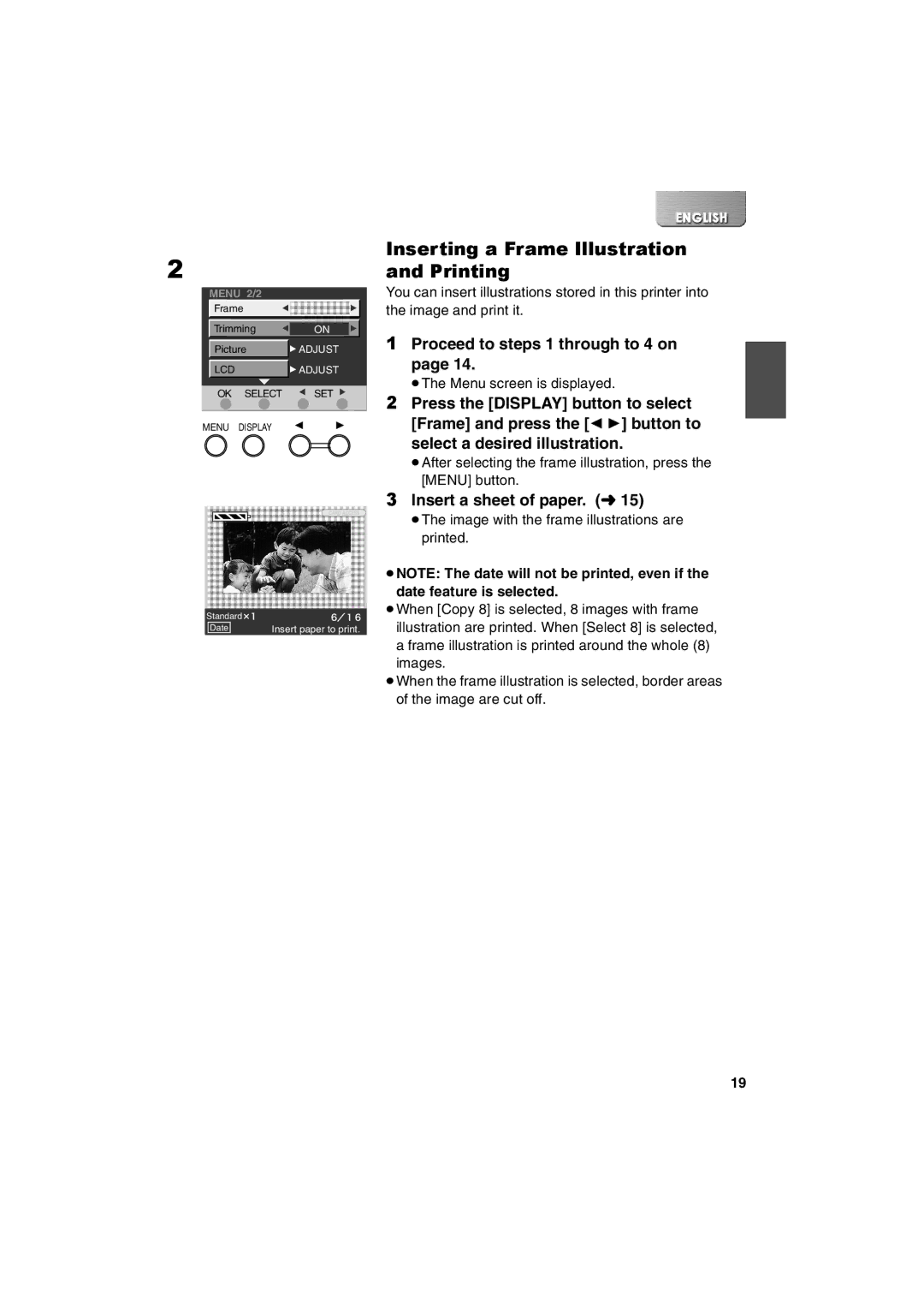 Panasonic SV-P20U manual Inserting a Frame Illustration and Printing, Proceed to steps 1 through to 4 on 